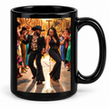 Black coffee mug featuring a retro dancing couple surrounded by dancers
