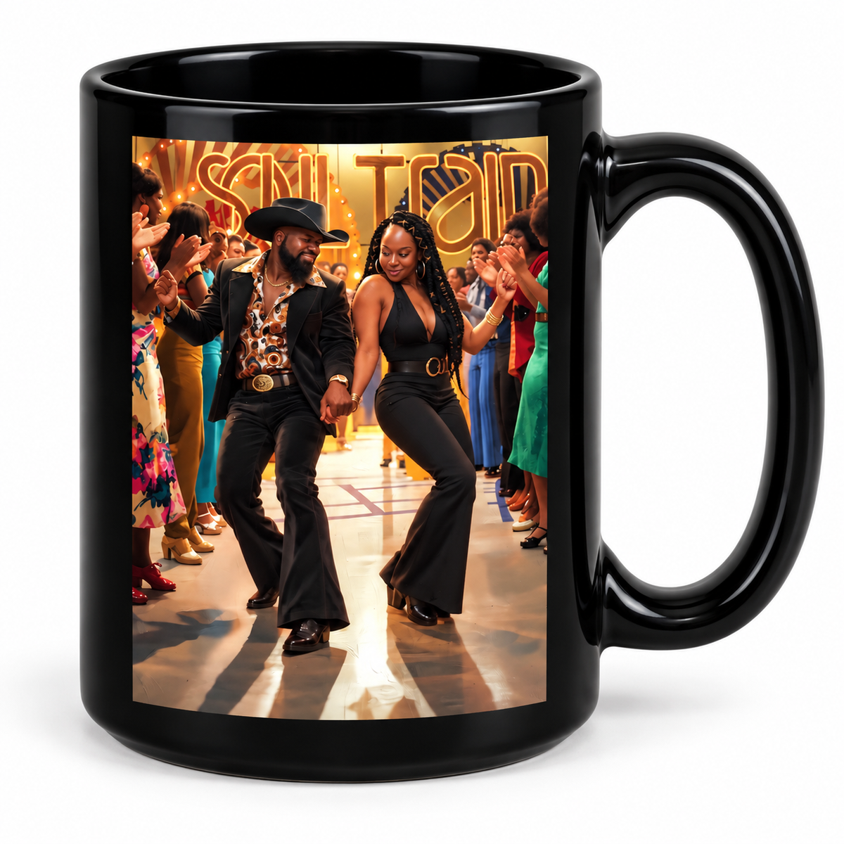 Black coffee mug featuring a retro dancing couple surrounded by dancers